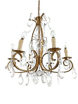 Ornate Brass Chandelier 6 Lights Crystal prisms drops Hollywood regency style vintage