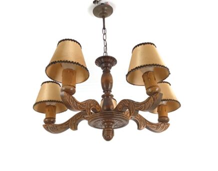 Gorgeous Carved Wooden Wood Chandelier vintage 5 lights fixture farmhouse style with shades
