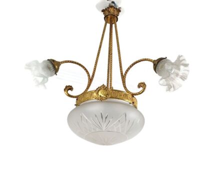 Antique Art Deco Chandelier French brass & etched Glass, 1920s Lighting 3 arm 4 lights 