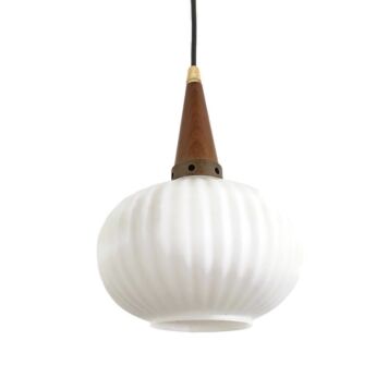 Danish Modernist Chandelier Pendant Teak  Opaline Glass Atomic Louis Kalff  fixture 60s 