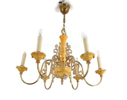 vintage chandelier fixture 6 arm lights porcelain Brass Italian yellow brown 
