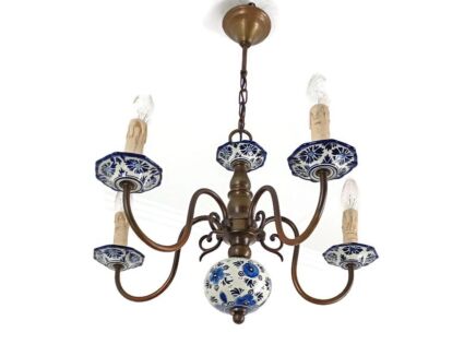 vintage Delft blue white porcelain brass chandelier 5 arm hand painted farmhouse style