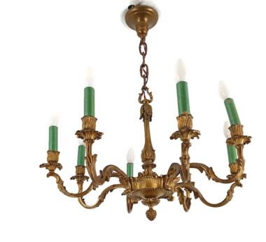 French Brass Hollywood regency style chandelier 8 arm lights ornate green candle sleeves vintage
