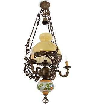 lampe Belge Antique Chandelier yellow   glass Shade Brass 4 lamps porcelain gorgeous