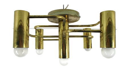 Mid Century Modern 1960s Gold Metal Chandelier 5 lights Marked Boulanger