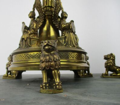 Impressive Eclectic Couple of Candle Holders Lions Angels Antique 1900s Brass