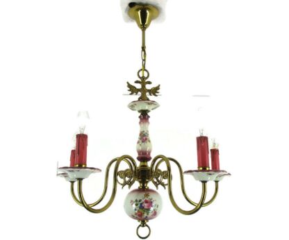 Chandelier 5 arm Lights Italian Porcelain Flowers Ornate Brass Mid Century