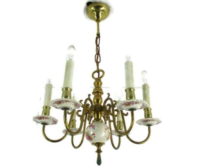 Chandelier 6 arm Lights Italian Porcelain Pink Flowers Ornate Brass Beautiful