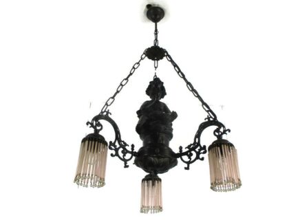 French Chandelier Angels Cherub Putti Black Resin 3 lights Pink Prisms