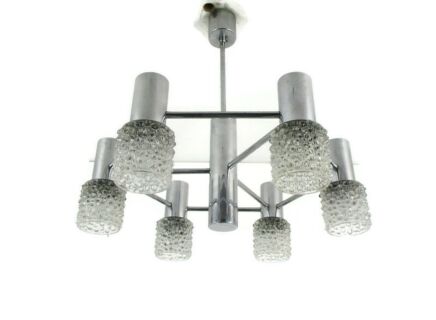 Vintage Chandelier 6 lights Bubbled Art Glass Sconces Shades Chrome Retro