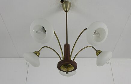 Mid Century Spider Chandelier 5 Lights Arms Wood Brass Glass shades Pop Art