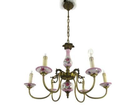 Chandelier 6 arm Lights Italian Porcelain Pink Flowers Ornate Brass Mid Century