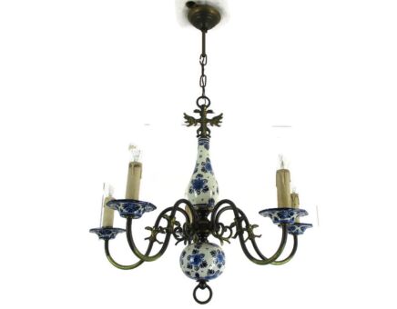 Dutch Delft Blue White Porcelain Ornate Brass Chandelier 5 Lights Arm Farm Style