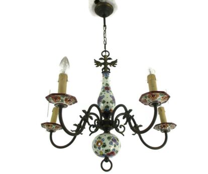 Vintage Delft Polychrome Porcelain Brass chandelier 5 lights Marked HTF Flowers
