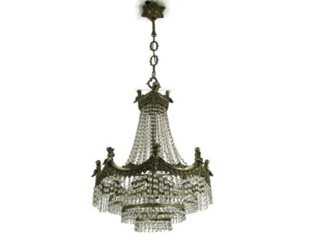 French Chandelier Angels Cherub Putti Art glass Prisms brass Gorgeous 5 lights