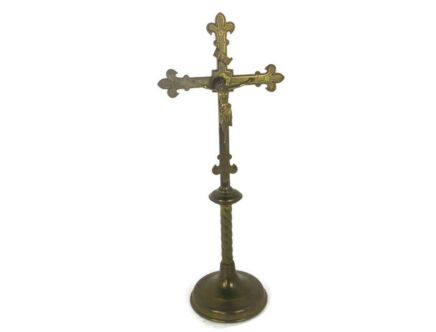 French Standing Altar Church Chapel Crucifix Cross Ornate Brass Enamel Fleur de Lis