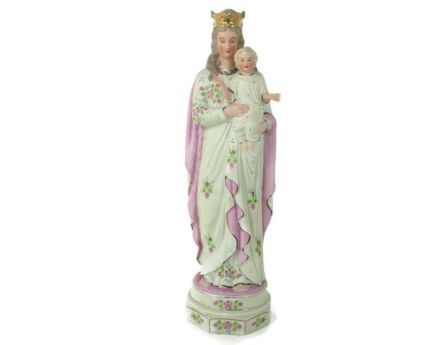 Large Antique Porcelain Bisque Statue Virgin Mary Our Lady Madonna Infant Child Pastel Pink  14.96"