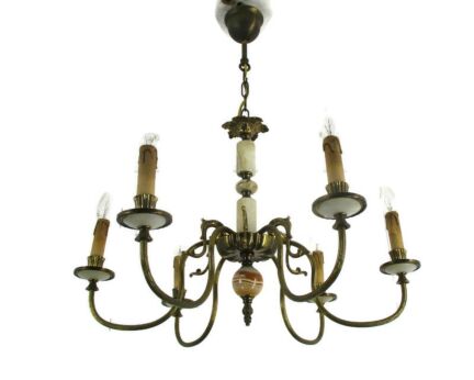 Chandelier 6 Arms Lights Hollywood Regency Brass Marble Parts Brass