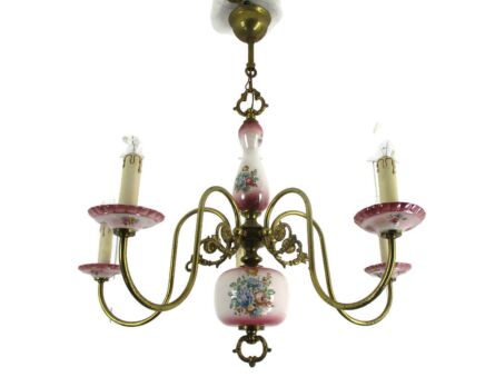 Chandelier 6 Arms Lights Ceramic Porcelain Pink Flowers Mid Century Italy