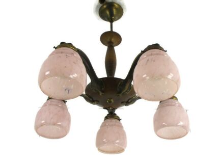 Chandelier 6 Arms Lights Art Deco Marbled Glass Pink Shades Spider Antique