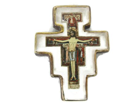Miniature San Damiano Crucifix Jesus Christ Saints IHS Nazare Italy Porcelain