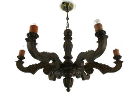 Hand Carved Wooden Chandelier Ornate 6 arm Lights Mid Century Farmhouse Style