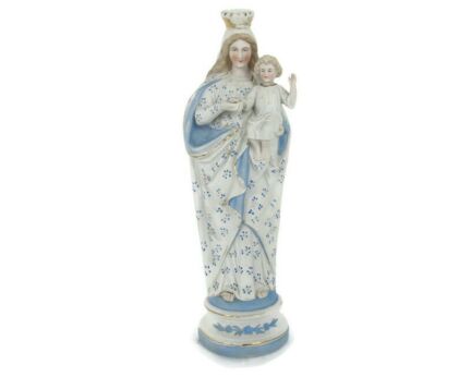 Large Antique Porcelain Bisque Statue Virgin Mary Our Lady Madonna Infant Child Pastel Blue 15.74""