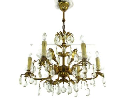 Chandelier 6 Lights Arms Hollywood Regency Leafs  Art Glass Prisms Italy