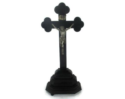 Antique Standing Crucifix   Wood  Corpus Christi Hand Carved French Fleur de Lis 1900s