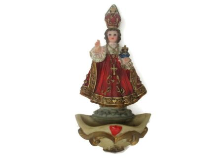 Vintage Holy Water Font Resin Infant Jesus of Prague Polychrome Wall Hanging Lovely Italian
