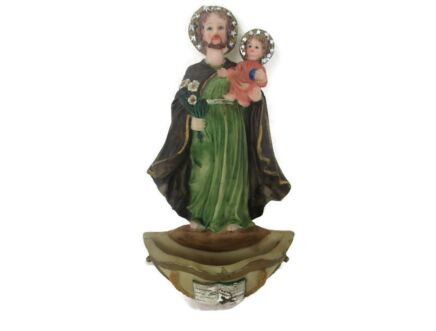 Vintage Holy Water Font Resin Saint Joseph with Infant Jesus Polychrome Wall Hanging Lovely Italian