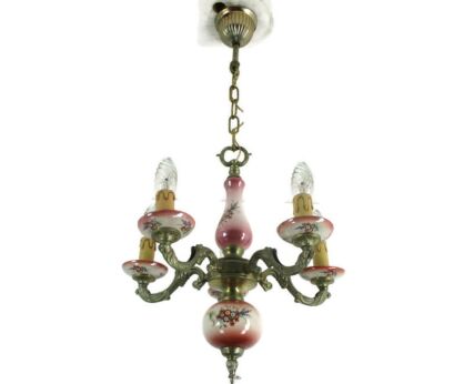 Chandelier 5 Arms Lights Ceramic Porcelain Pink Flowers Mid Century Italy