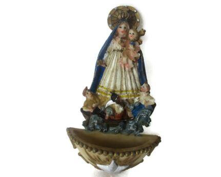 Vintage Holy Water Font Resin Holy Virgin Mother Mary MadonnaPolychrome Wall Hanging Lovely Italian