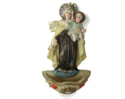 Vintage Holy Water Font Resin Holy Virgin Mother Mary MadonnaPolychrome Wall Hanging Lovely Italian