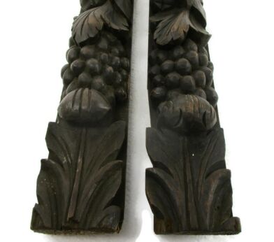 2 pieces Antique French Carved Wood  Reclaimed Architectural Trim Pediment Salvage  Breton Lion Heads fruit 