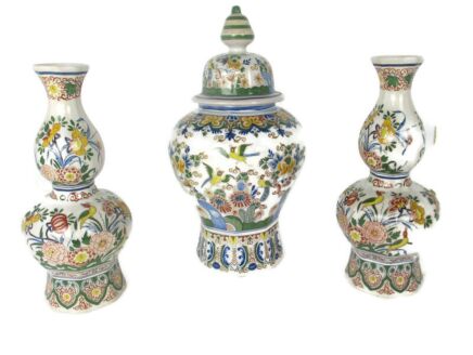 3 pcs Delft Blue Pottery Garniture Set 2 Vases Peacock Birds Matching Covered Urn  