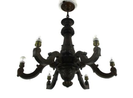 Hand Carved Wooden Chandelier Ornate 6 arm Lights Mid Century Farmhouse Barn Style