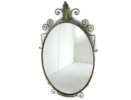 Mid Century Modern Large Ornate Oval Wall Hanging Mirror De Knudt Brass Leaf Belgium