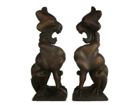 Antique Pair Corbels Hand Carved Wood  Architectural reclaimed Oak Salvaged Baroque Lions 1850s