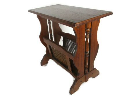 Vintage Rattan Wicker Rush Wooden Magazine Newspaper Basket Rack Hobo Chick Barn Country Table