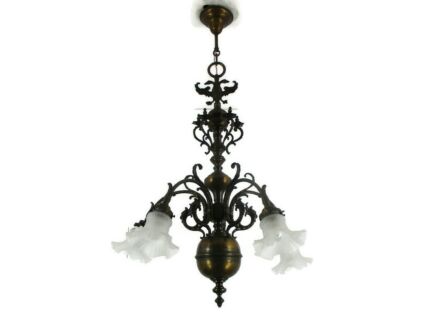 Antique Flemish Dutch Double Chandelier 5 arms Lights Bronze Brass  Eagles Gothic Faces