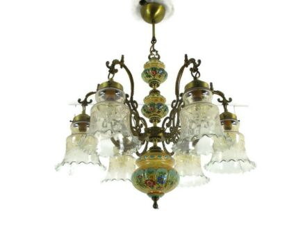 Chandelier 6 arm Lights Italian  Brass Porcelain Flowers  Flower Glass Shades Vintage