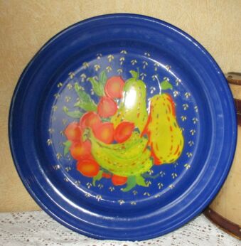 Large vintage retro enamel serving plate Blue Fruit Still life 18"