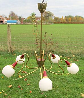 Mid Century Danish Modern Style Chandelier Brass Glass 6 Shades era Stilnovo