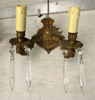 Pair Couple Brass Two-Arm Double Wall Sconces Prisms Hollywood Regency Style