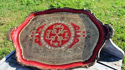 Italian Mid Century Hollywood Regency Florentine Serving Tray Red Large 19.49"