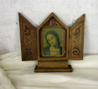 Small Florentine Wood Triptych Art Panel Virgin Mary Madonna Decorative HTF