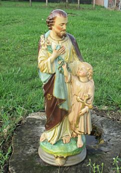 Antique Statue Saint Joseph Jesus Statuette Painted Plaster Child brown Robe