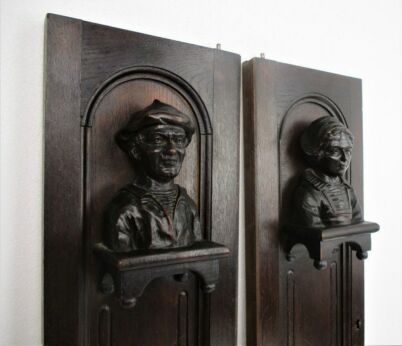 Pair Antique French Breton hand Carved Wood Oak Panels Consoles Reclaimed Architectural Figurines WOW