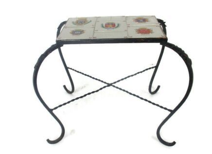 French Shields Vintage Side Table Plant stand Ceramic Tiles Wrought Iron Legs